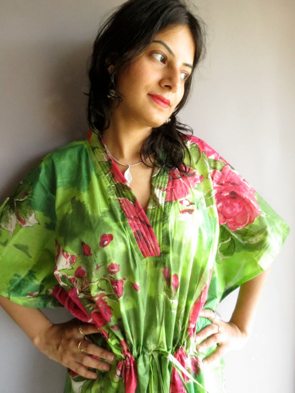 Green Fuchsia Large Floral Blossom V-Neck, Ankle Length, Cinched Waist Caftan