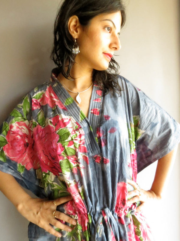 Gray Fuchsia Large Floral Blossom V-Neck, Ankle Length, Cinched Waist Caftan