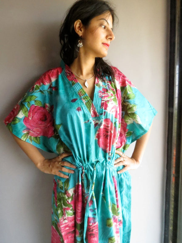 Teal Fuchsia Large Floral Blossom V-Neck, Ankle Length, Cinched Waist Caftan