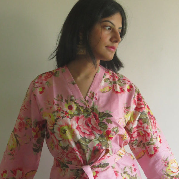 Pink Floral Knee Length, Kimono Crossover Belted Robe