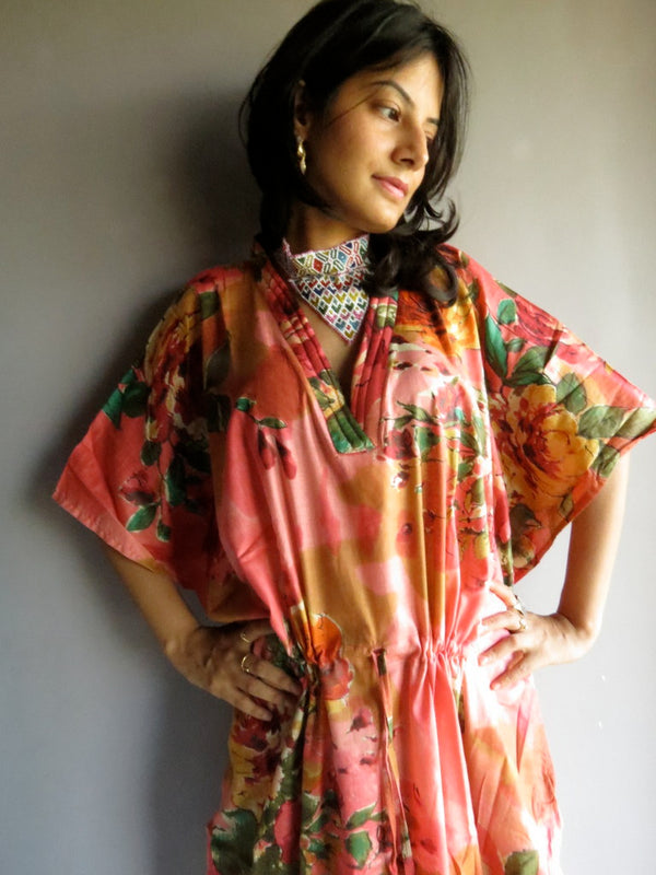 Coral Large Floral Blossom V-Neck, Ankle Length, Cinched Waist Caftan