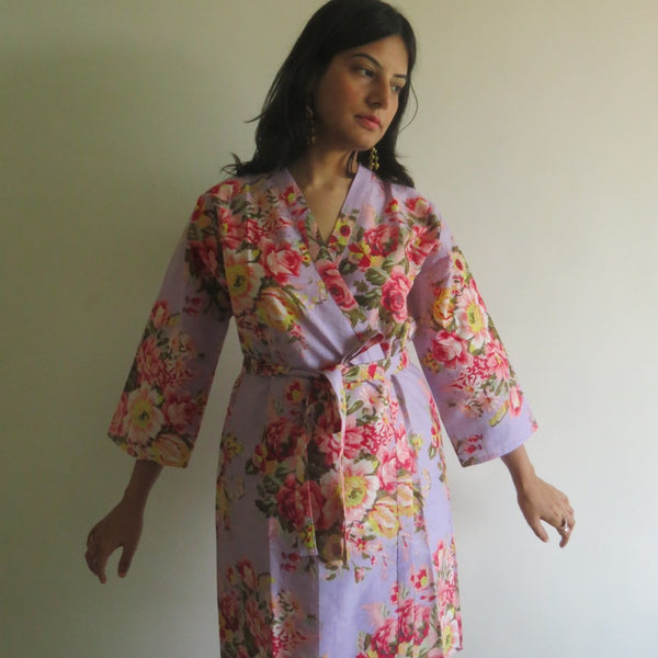 Lilac Floral Knee Length, Kimono Crossover Belted Robe