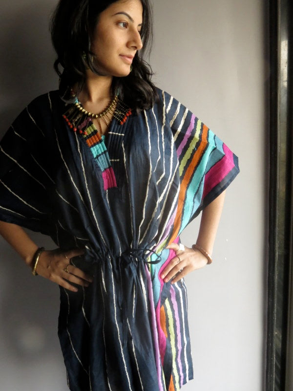 Dark Blue Stripes V-Neck, Knee Length, Cinched Waist Caftan
