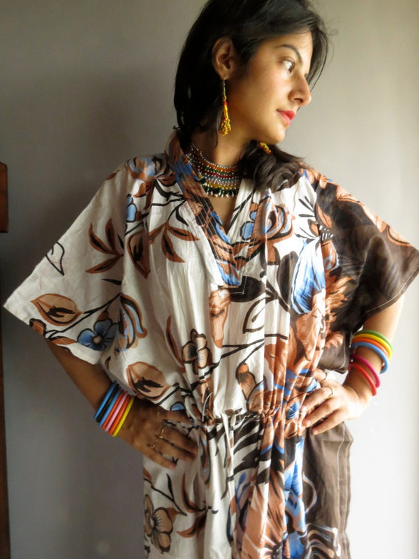 Ivory Peach Brown Floral V-Neck, Ankle Length, Cinched Waist Caftan-V2 fabric Code