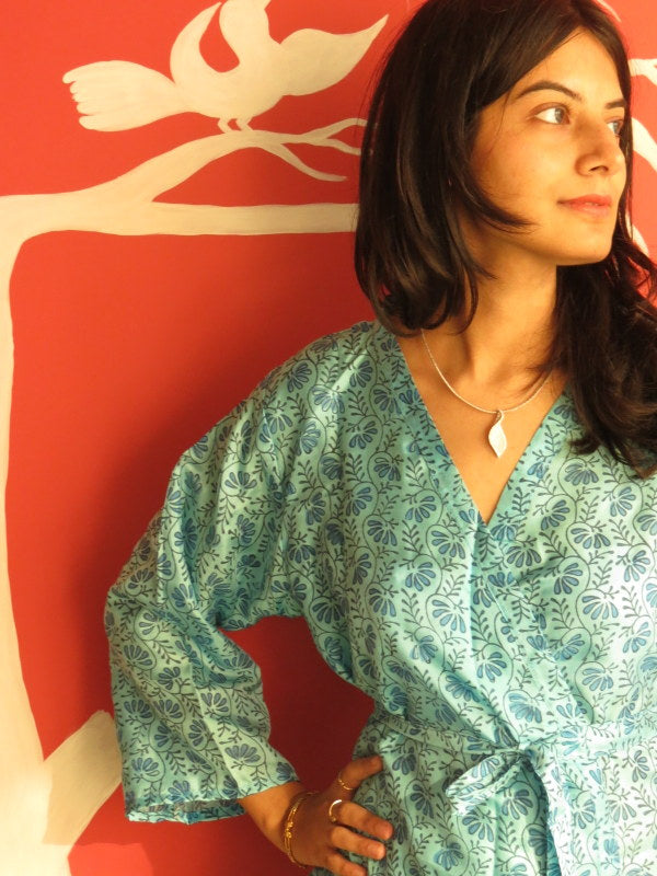 Silk Light Blue Leafy Knee Length, Kimono Crossover Belted Robe