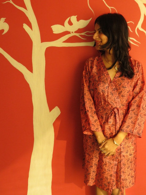 Silk Raspberry Leafy Knee Length, Kimono Crossover Belted Robe