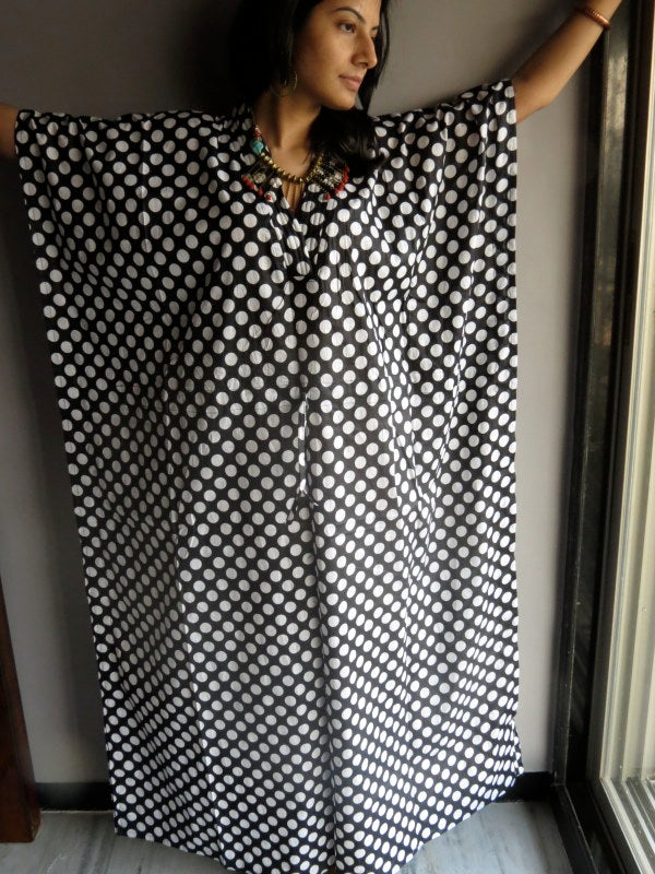 Black Polka Dots V-Neck, Ankle Length, Cinched Waist Caftan