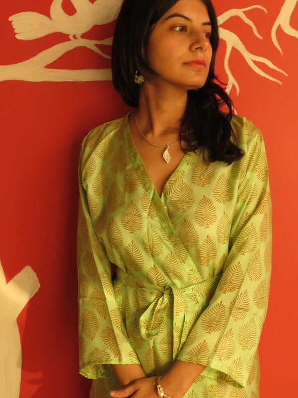 Silk Green Leafy Knee Length, Kimono Crossover Belted Robe