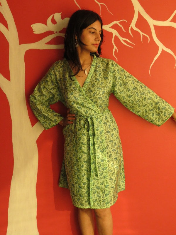 Silk Green Leafy Knee Length, Kimono Crossover Belted Robe