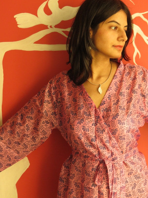 Silk Raspberry Leafy Knee Length, Kimono Crossover Belted Robe