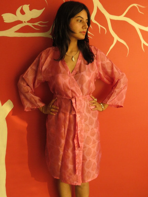 Silk Raspberry Leafy Knee Length, Kimono Crossover Belted Robe