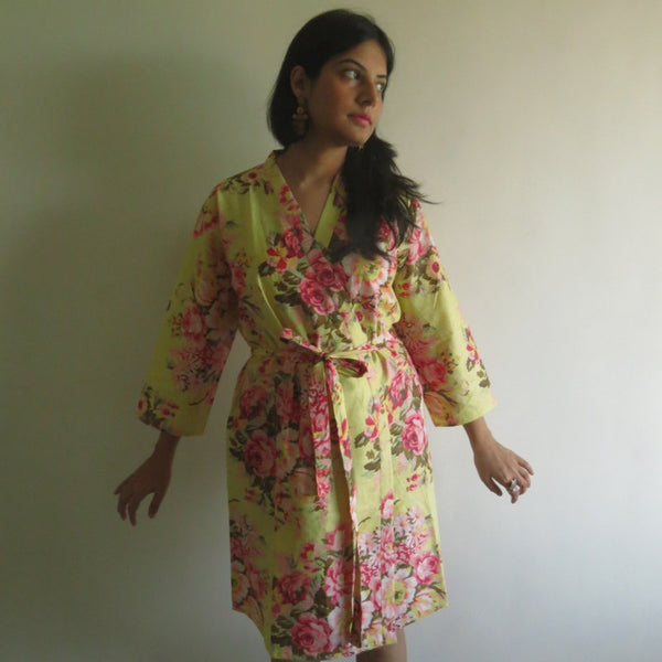 Pastel Yellow Floral Knee Length, Kimono Crossover Belted Robe