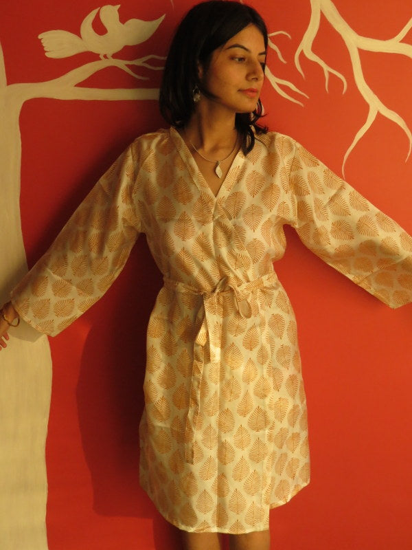 Ivory Leafy Silk Knee Length, Kimono Crossover Belted Robe