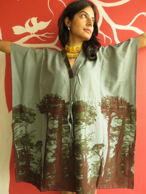 Gray Tree V-Neck, Knee Length, Cinched Waist Caftan-M1 fabric Code