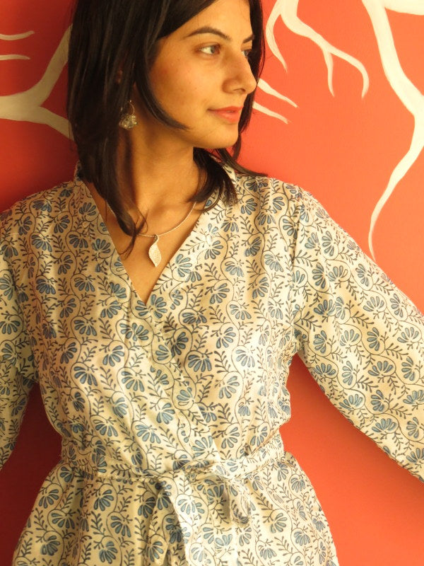 Silk White Leafy Knee Length, Kimono Crossover Belted Robe