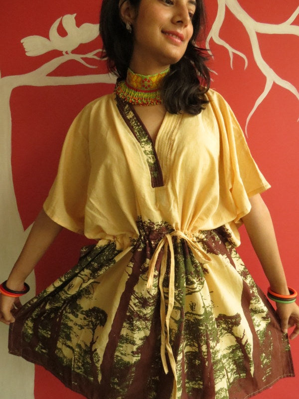 Yellow Tree of Life V-Neck, Knee Length, Cinched Waist Caftan