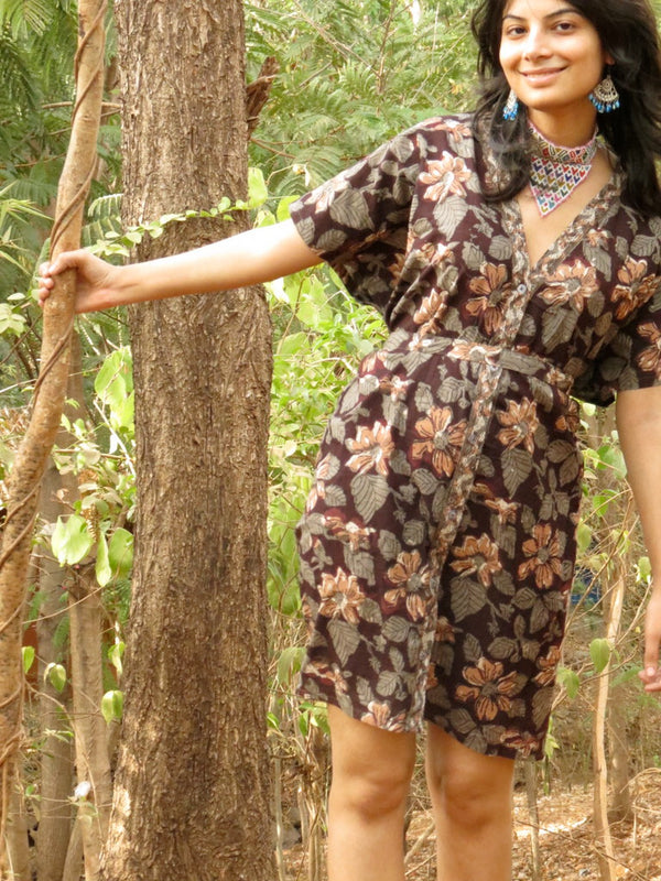 Brown Organic Cotton Hand-Blocked Front Buttoned Hospital Gown