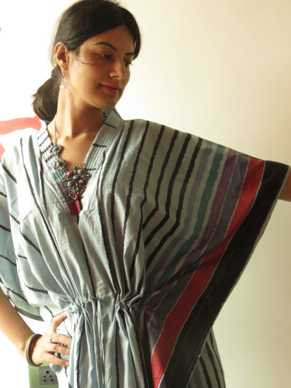 Gray Striped V-Neck, Ankle Length, Cinched Waist Caftan, Comfortable House Dress
