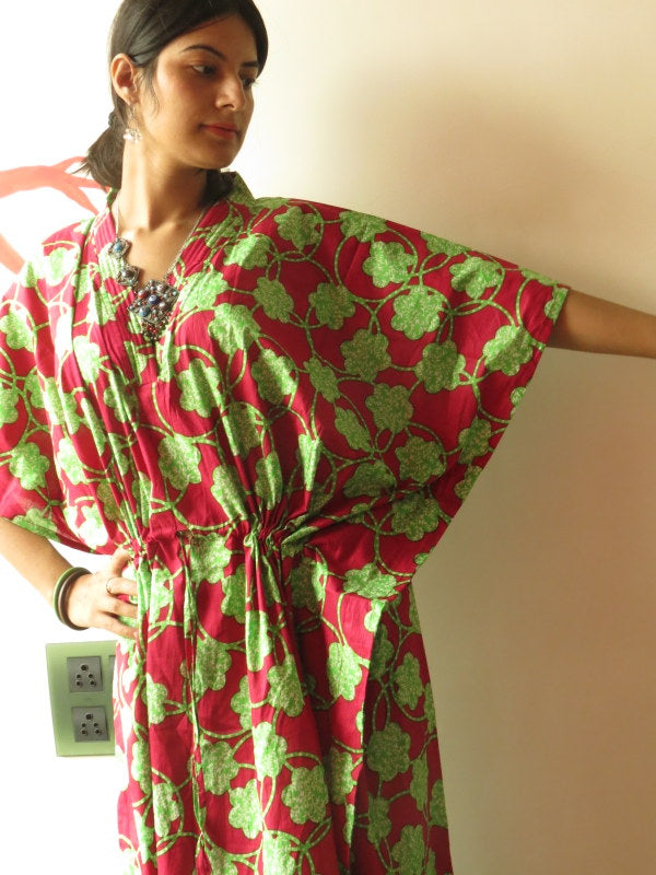 Magenta Green Spiral V-Neck, Ankle Length, Cinched Waist Caftan