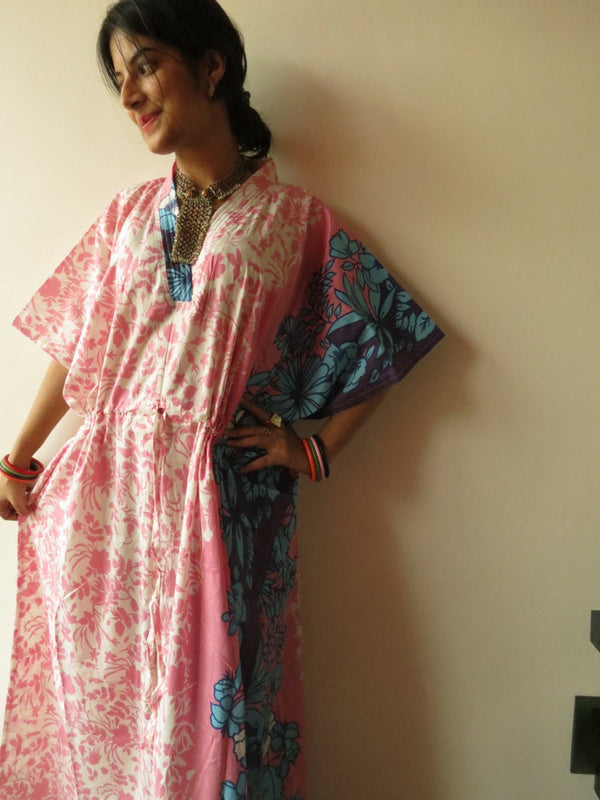 White Pink Leafy V-Neck, Ankle Length, Cinched Waist Caftan