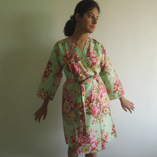 Mint Floral Knee Length, Kimono Crossover Belted Robe