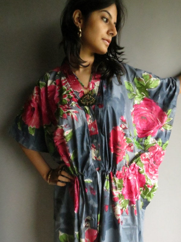 Gray Fuchsia Large Floral Blossom V-Neck Button Down to Waist, Ankle Length, Cinched Waist Caftan