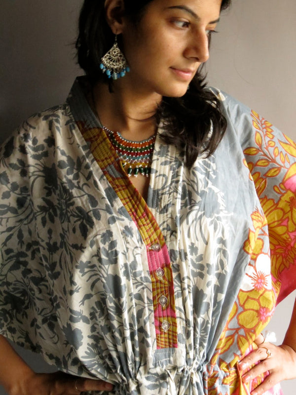 Gray Pink Leafy V-Neck Button Down to Waist, Ankle Length, Cinched Waist Caftan-F2 fabric Code