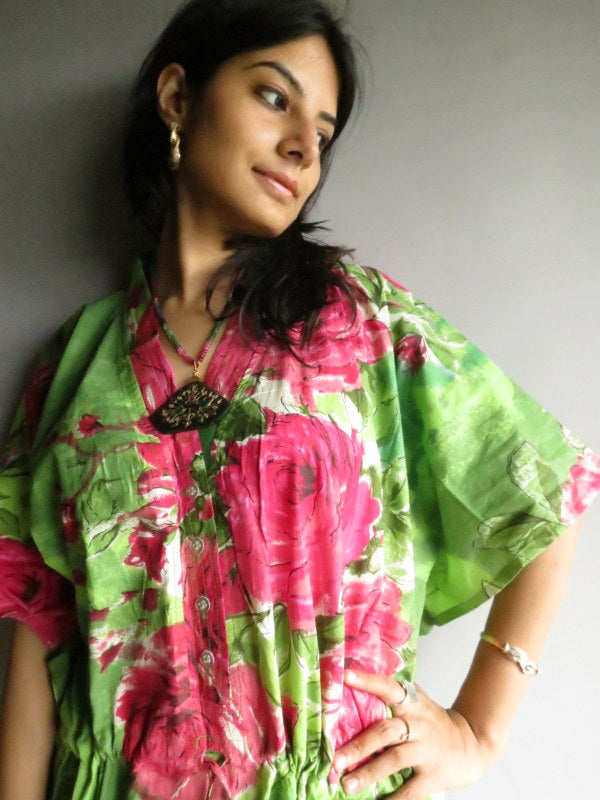 Green Fuchsia Large Floral Blossom V-Neck Button Down to Waist, Ankle Length, Cinched Waist Caftan