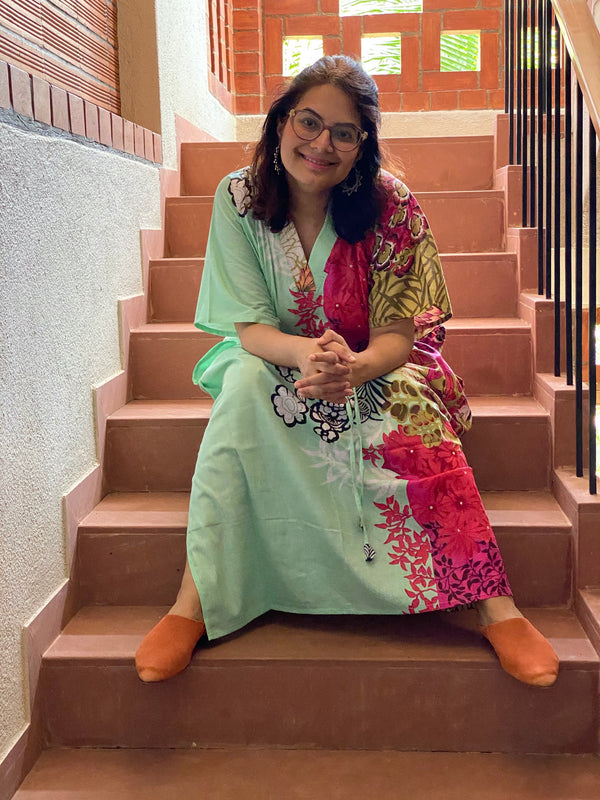 Vibrant Foliage V-Neck, Cinched Waist Ankle Length Caftan