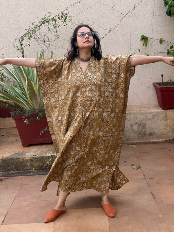 Mustard Floral Motif Hand-Blocked Kaftan with V-Neck, Cinched Waist and Available in both Knee and Ankle Length