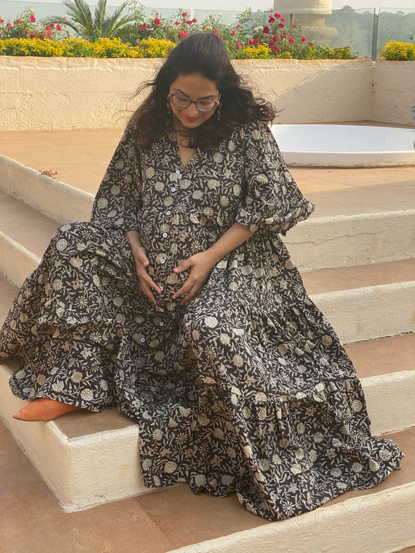 Black Floral Motif Hand-Block Tiered Maternity Dress