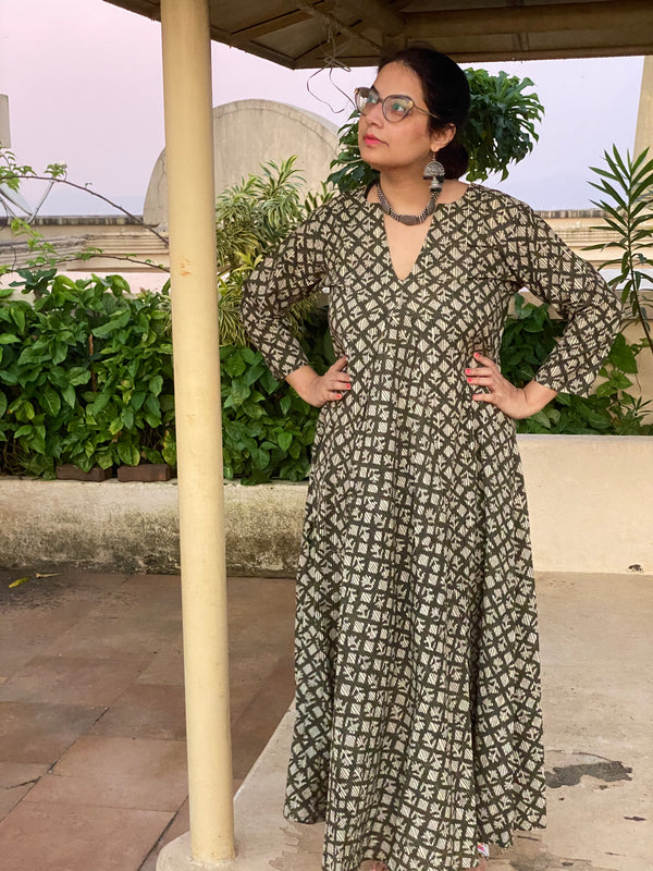 Green Diamond Motif Hand-Blocked Free Flow Dress | Available in both Knee and Ankle Length