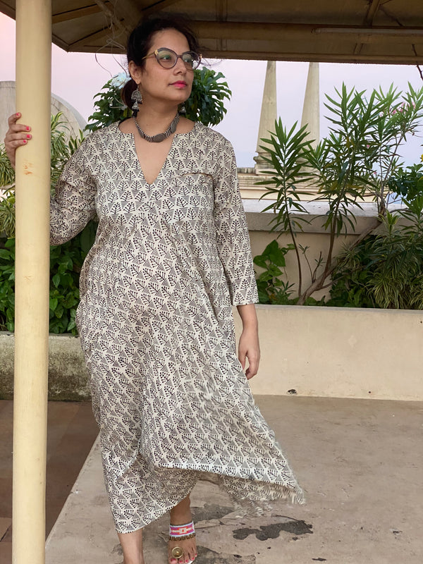 Ivory Black Tiny Tree Motif Hand-Blocked Free Flow Dress | Available in both Knee and Ankle Length