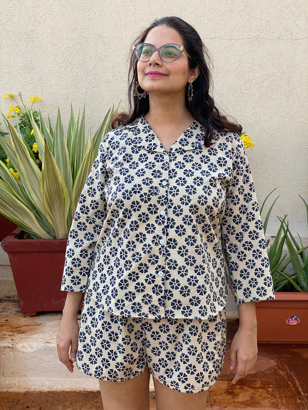 Ivory Blue Floral Motif Hand Block Printed Pjs | Organic Cotton Notched Collared Front Buttoned Pajama Set | Available in both shorts and pants style