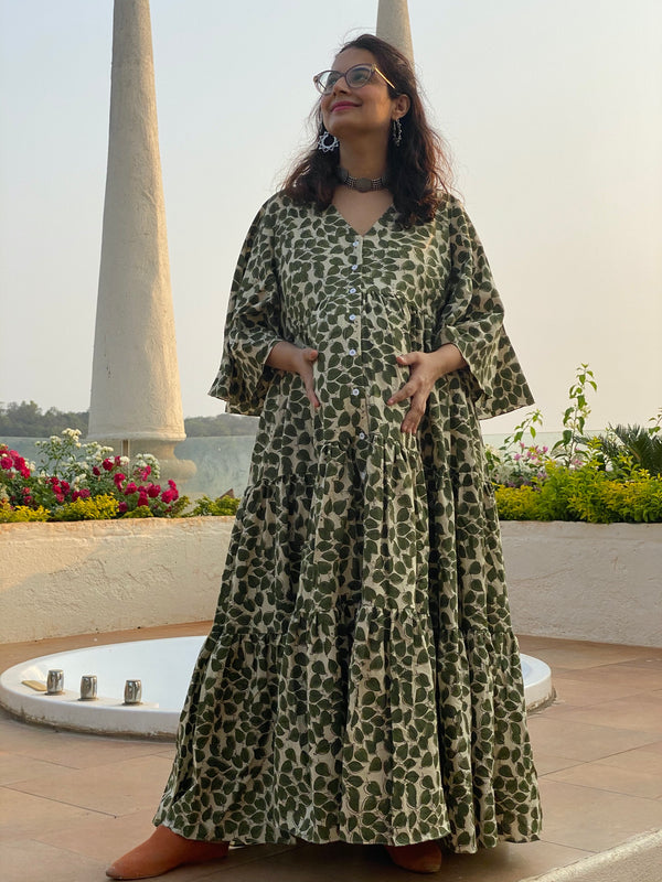 Ivory Green Leafy Motif Hand-Block Tiered Maternity Dress
