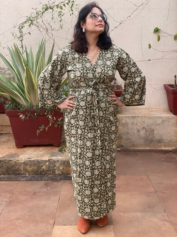Green Floral Motif Geometric Motif Hand Block Printed Kimono Robe | Available in both Knee and Ankle Length
