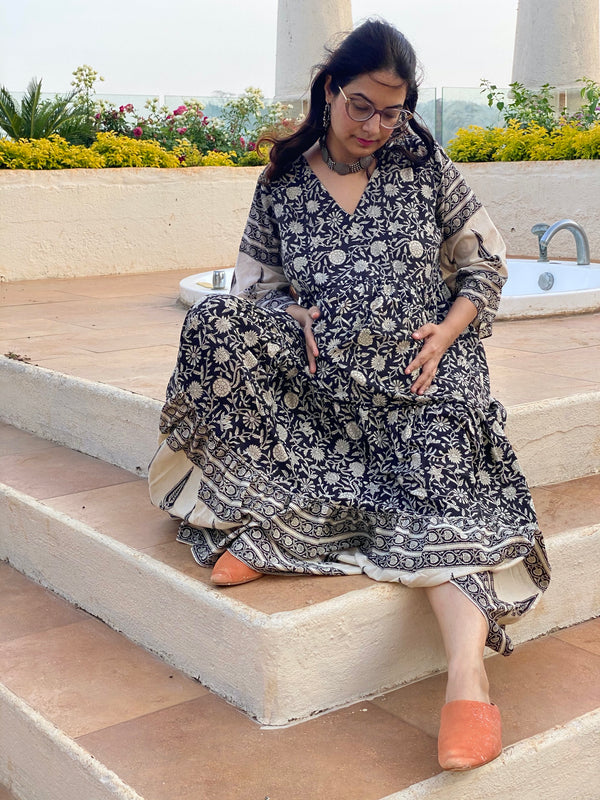 Black Bordered Hand-Block Tiered Maternity Dress