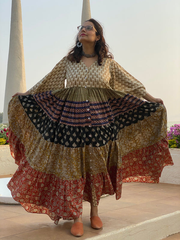 Mixed Colors Hand Block Printed Front Buttoned 5 Tiered Dress
