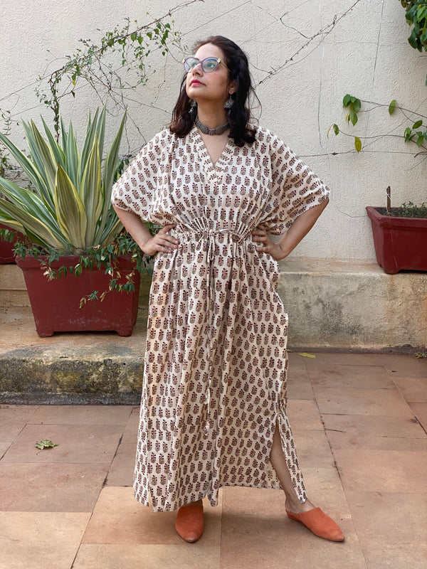 Cream Red Floral Motif Hand-Blocked Kaftan with V-Neck, Cinched Waist and Available in both Knee and Ankle Length