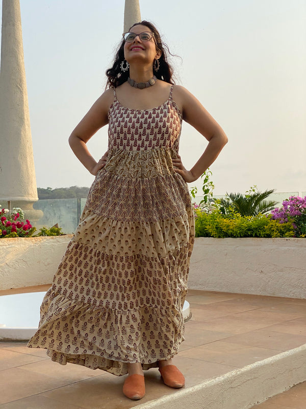 Ivory Mixed Patterns Hand Block Printed 5 Tiered Spaghetti Dress