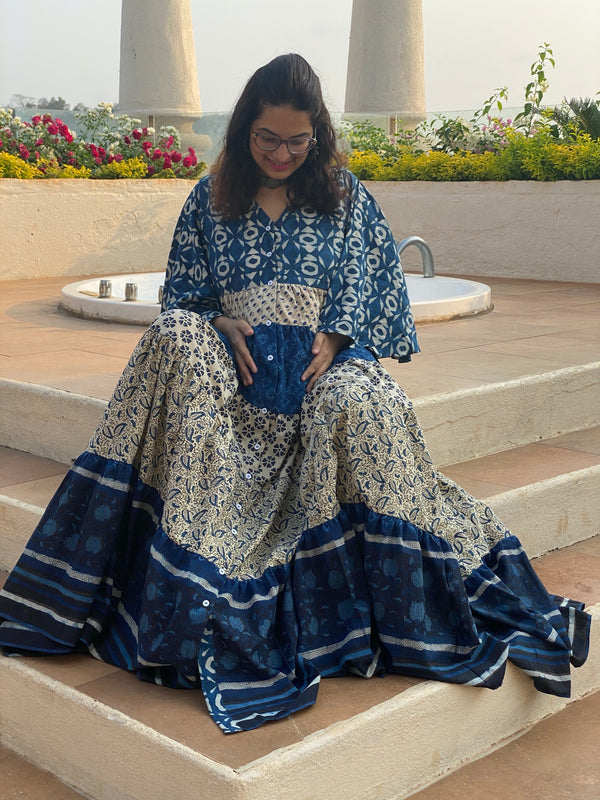 Mixed Patterns Blue and Ivory Hand-Block 5-Tier Maternity Dress