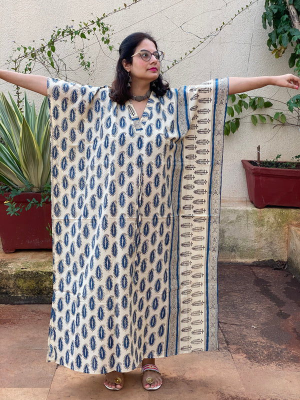 Ivory Blue Paisley Bordered Hand Block Printed Caftan with V-Neck, Cinched Waist and Available in both Knee and Ankle Length