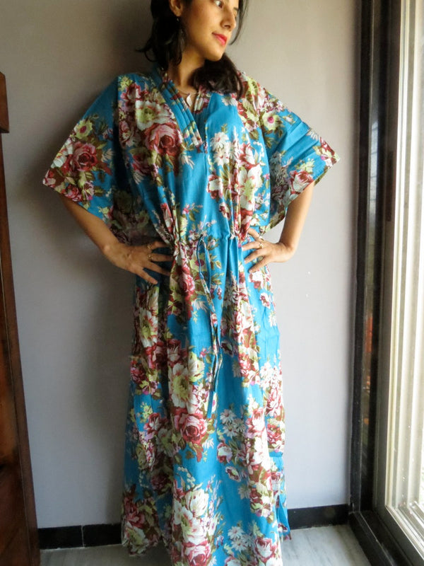 Blue Floral Rosy Red Posy V-Neck, Ankle Length, Cinched Waist Caftan
