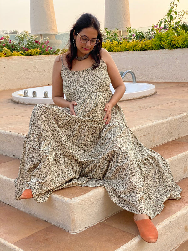 Ivory Green Tiny Leafy Motif Hand-Block Tiered Maternity Spaghetti Dress