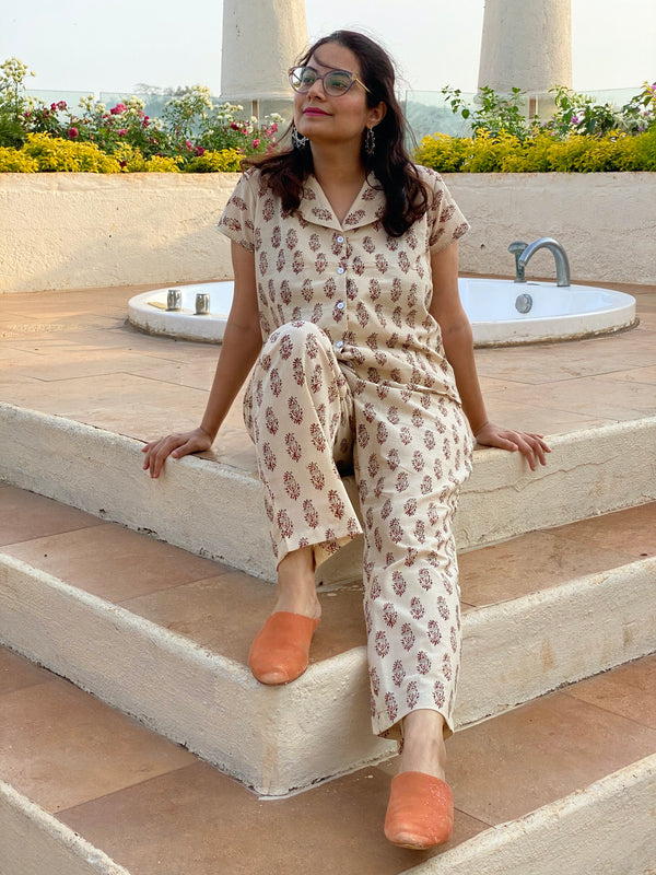 Ivory Paisley Motif Hand Block Printed Pjs | Organic Cotton Notched Collared Front Buttoned Pajama Set