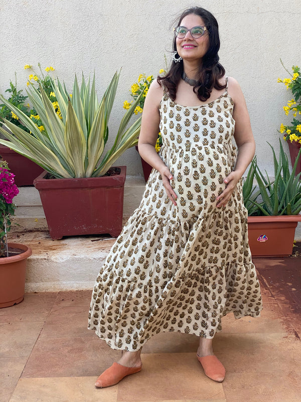 Ivory Gold Paisley Motif Hand-Block Tiered Maternity Spaghetti Dress