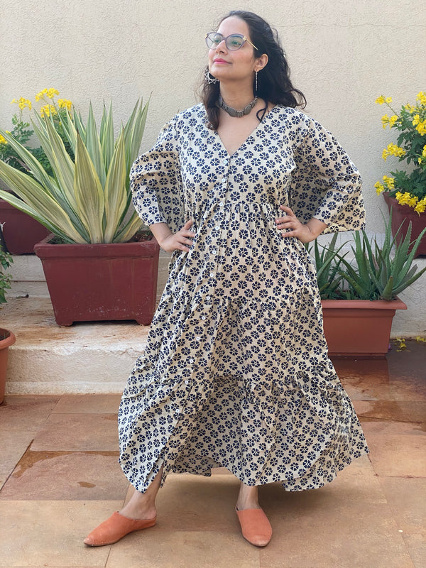 Ivory Blue Floral Motif Hand-Block Front Buttoned Tiered Dress