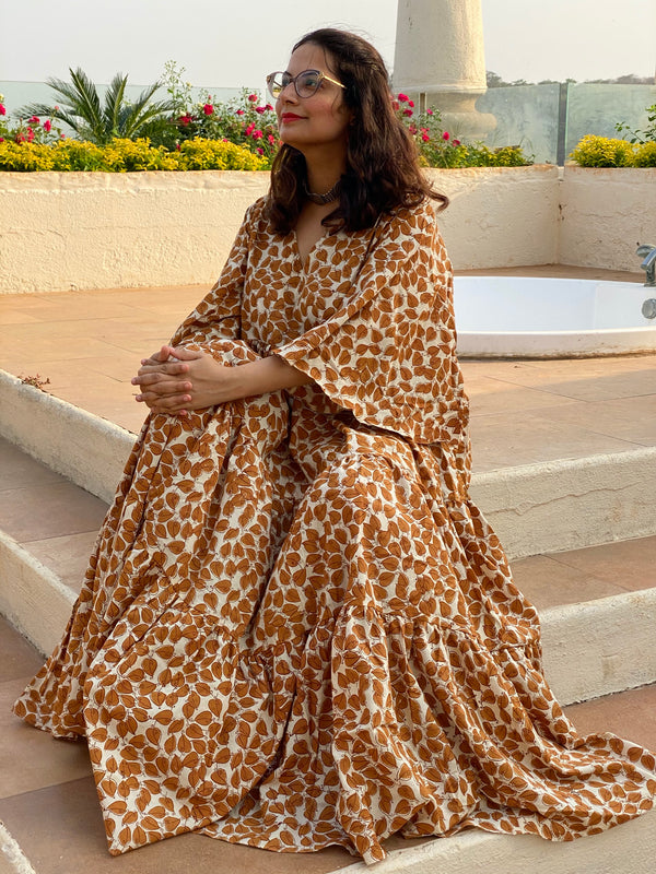 Ivory Mustard Leafy Motif Hand-Block Tiered Dress