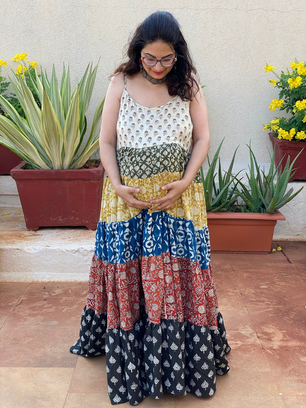 Mixed Patterns Hand-Block 5-Tier Spaghetti Maternity Dress