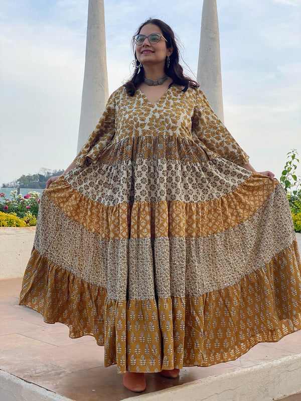 Mustard Gold and Ivory Mix 5 Tiered Dress in Hand-Block Print